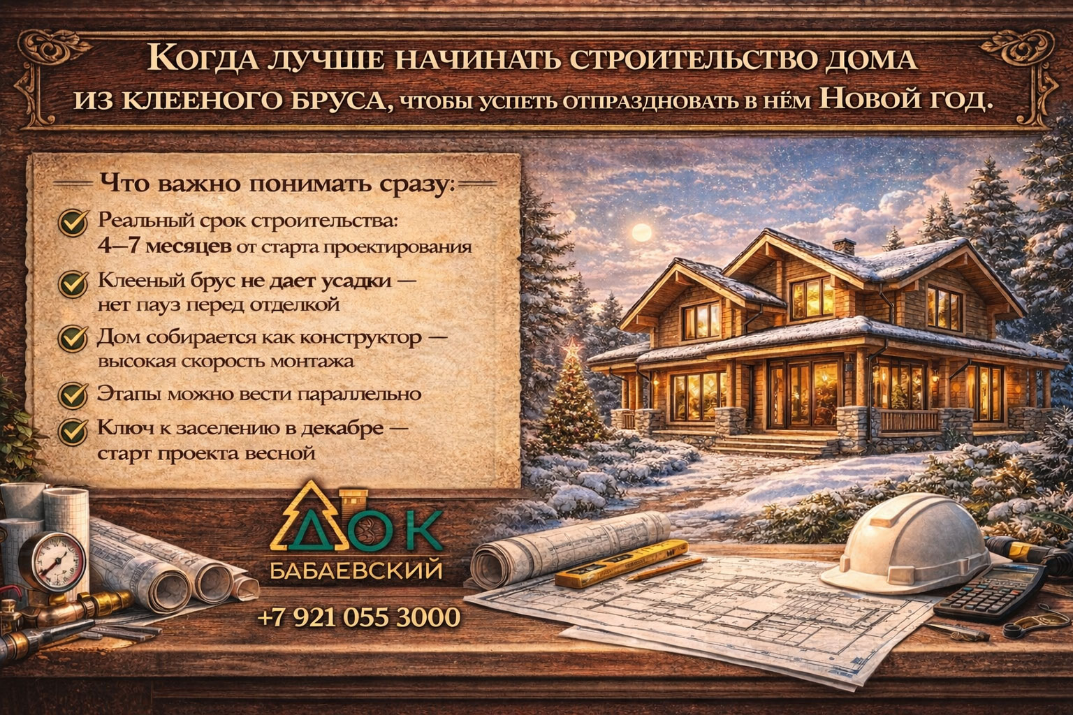 Когда начинать строительство дома из клееного бруса, чтобы комфортно встретить ближайший Новый год в собственном загородном поместье.