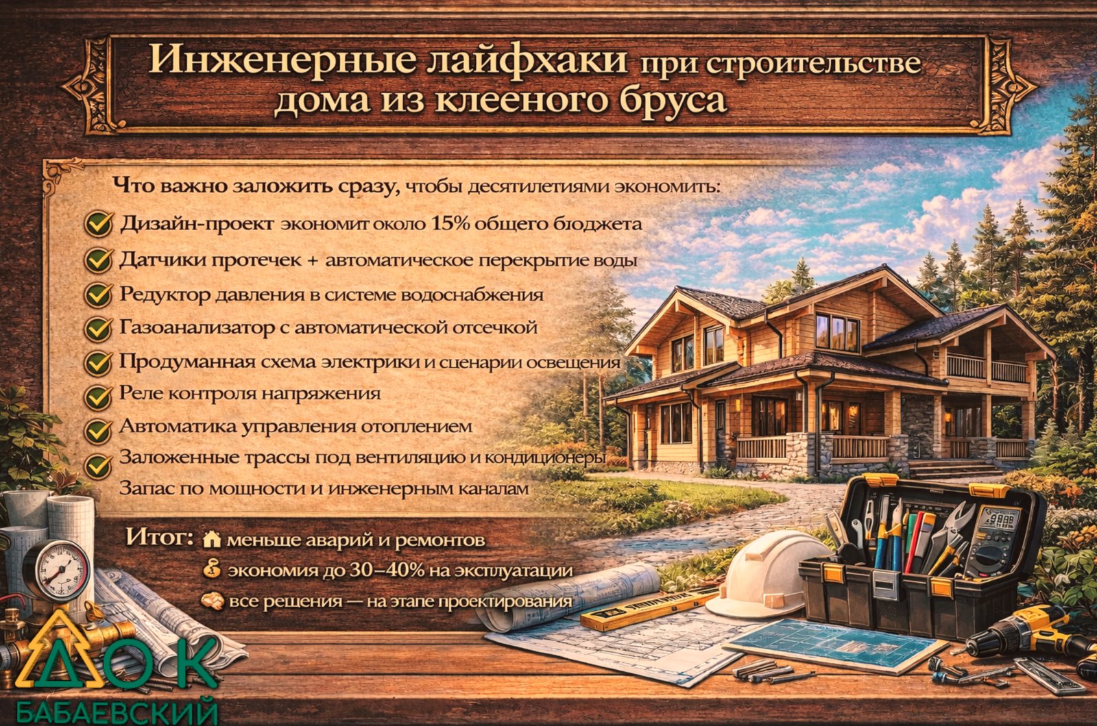 Инженерные лайфхаки при строительстве дома из клееного бруса